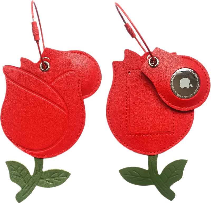 ZOUITY Cute Leather Luggage Tag Holder with Airtag Case Set,Hidden Compartment for AirTag Travel Suitcase Tracking Case with Stainless Steel Loop,Name ID Label(Red Rose) - Image 1
